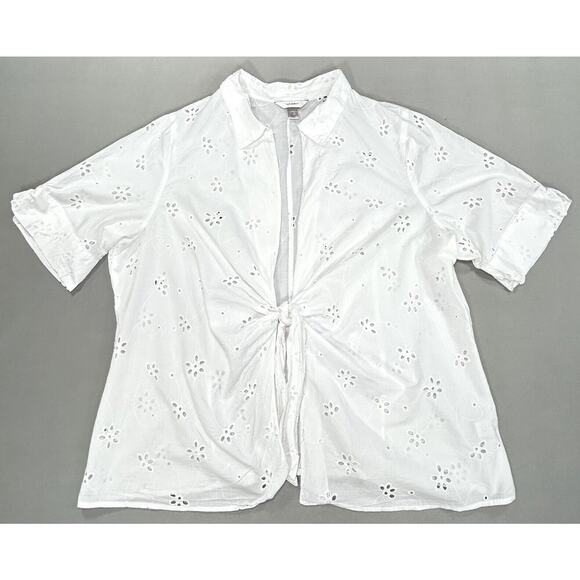 CJ Banks Top Women's 2X White Floral Hearts Tie Front Short Sleeve Shirt Blouse - Picture 6 of 12